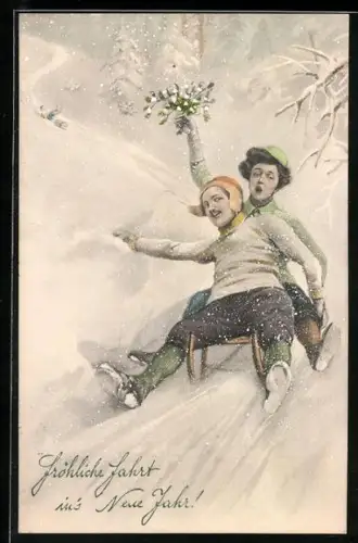 AK Frau und Mann fahren mit einem Schlitten einen Berg hinunter