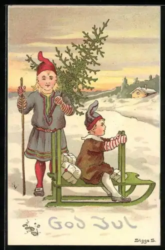 Künstler-AK Zwei Kinder mit einem Schlitten im Schnee