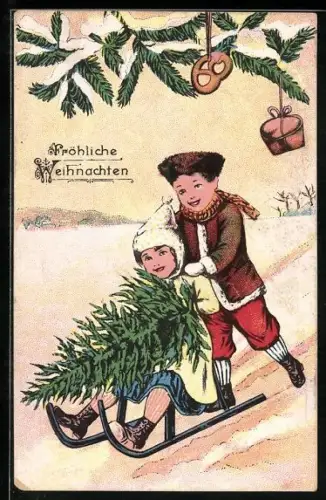 Künstler-AK Zwei Kinder mit einem kleinen Tannebaum und Schlitten