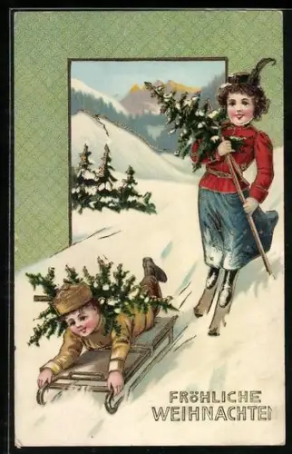 Künstler-AK Kinder mit Schlitten und Skiern im Schnee