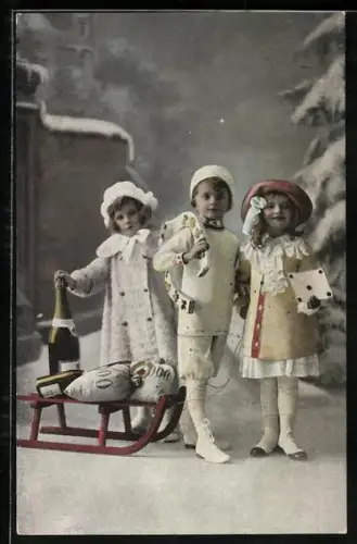 AK Drei Kinder mit Schlitten, Geld und Sekt