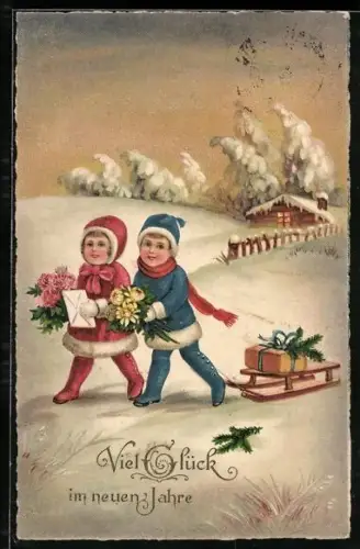 Künstler-AK Zwei Kinder im Schnee mit einem Schlitten