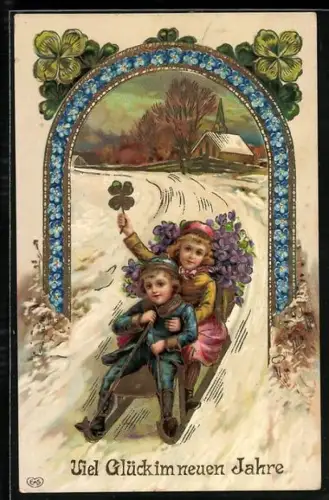 AK Viel Glück im neuen Jahre, Kinder auf Schlitten, Vergissmeinnicht
