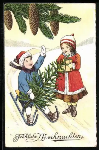 Künstler-AK Zwei kleine Kinder mit Tannenbaum und Schlitten