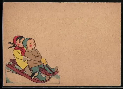 Künstler-AK Zwei Kinder fahren auf einem Schlitten