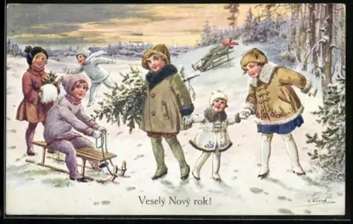 Künstler-AK Kinder im Schnee mit Schlitten und Tannenbaum am Waldesrand