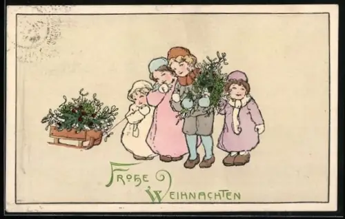 Künstler-AK Kinder in Winterkleidung mit Schlitten und Mistelzweigen