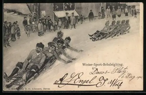 Künstler-AK Männer beim Bob-Schlittenfahren