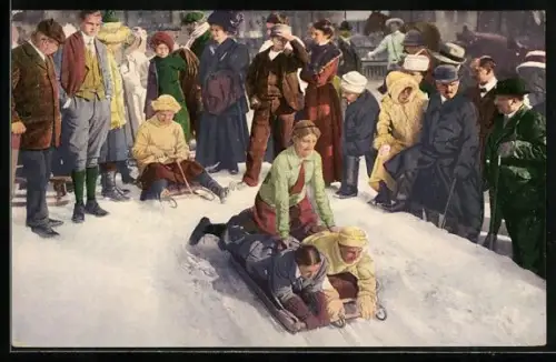 AK Drei Personen auf einem Schlitten vor der Abfahrt