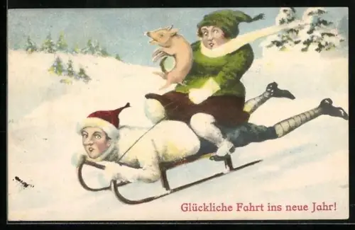 Künstler-AK Mann und Frau mit einem Schwein auf einem Schlitten