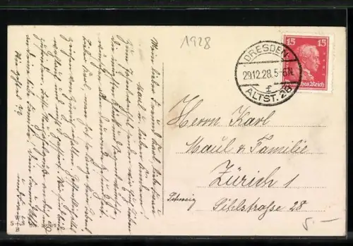 Künstler-AK Mann und Frau mit einem Schwein auf einem Schlitten