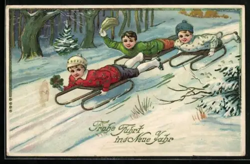 Künstler-AK Kinder grüssen bei Abfahrt auf Schlitten