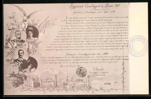 AK Reggimento Cavalleggeri di Roma, Portraits Königspaar von Italien, Ortspanorama