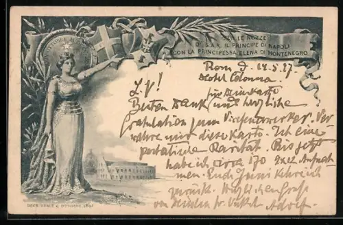 AK Per le Nozze di il Principe di Napoli con la Principessa Elena di Montenegro, 1896, Italia-Figur, Wappen, Gebäude