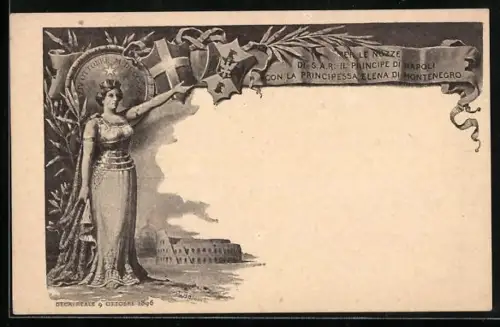 AK Per le Nozze di il Principe di Napoli con la Principessa Elena di Montenegro, 1896, Weibl. Figur, Wappen, Gebäude