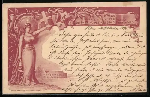 AK Nozze di il Principe di Napoli con la Principessa Elena di Montenegro, 1896, Frauenfigur, Wappen, Gebäude