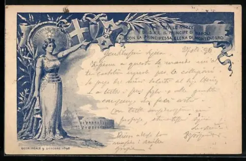 AK Per le Nozze di il Principe di Napoli con la Principessa Elena di Montenegro, 1896, Alleg. Figur, Wappen, Gebäude