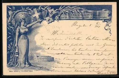 AK Le Nozze di il Principe di Napoli con la Principessa Elena di Montenegro, 1896, Frauenfigur, Wappen, Gebäude