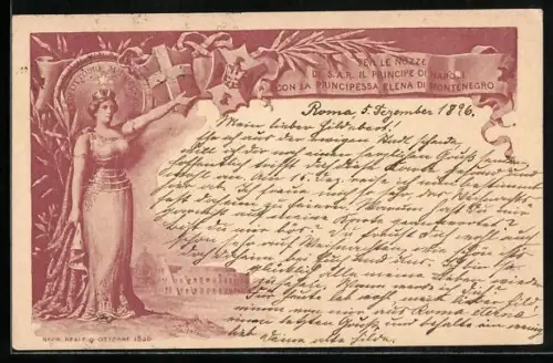 AK Per le Nozze di il Principe di Napoli con la Principessa Elena di Montenegro, 1896, Frauenfigur, Wappen, Rundgebäude