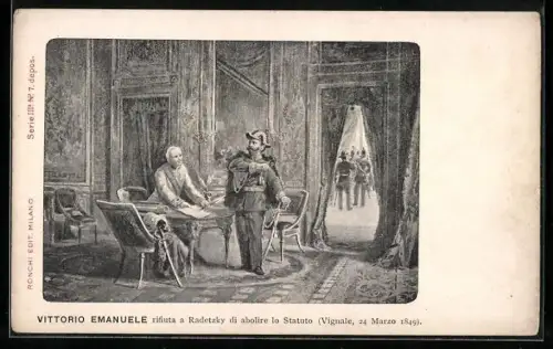 AK Vittorio Emanuele rifiuta a Radetzky di abolire lo Statuto, Vignale, 1849