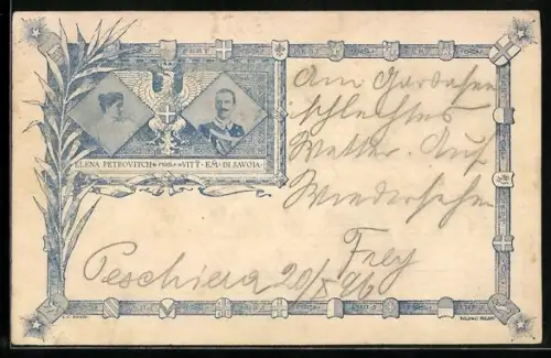 AK Elena Petrovich, Emanuele di Savoia, Portraits, Adler mit Wappen, Wappen-Rahmen