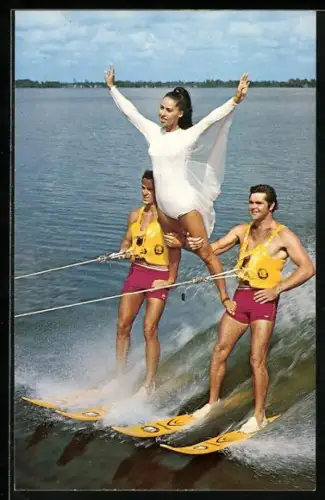 AK Cypress Gardens, FL, Zwei Männer und Frau beim Wasserski, Wassersport