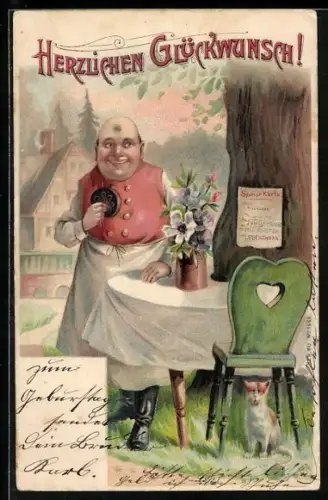 AK Geburtstag, Das Geburtstagskind lebe hoch, Wirt am Restaurant-Tisch unter dem Baum