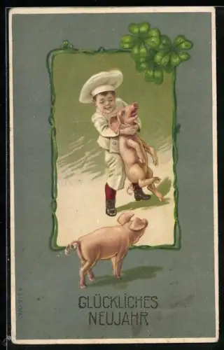AK Kleiner Junge als Koch mit einem Schwein im Passepartout