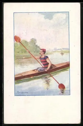 AK Mann im Ruderboot auf einem Gewässer