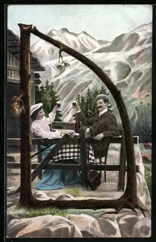 AK Buchstabe D als Geäst vor einer Berghütte