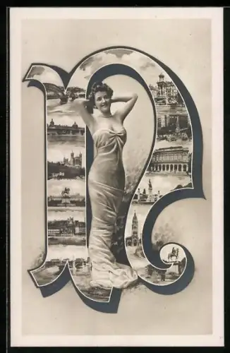 AK Lyon, Buchstabe N mit Sehenswürdigkeiten und Dame