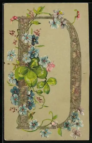 Präge-AK Buchstabe D geschmückt mit Blüten und Kleeblättern
