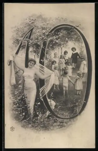 Fotomontage-AK NPG NR 258-10: Zehn Kinder mit Dame und die Zahl