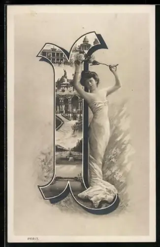 AK Frau im Kleid mit dem Buchstaben I
