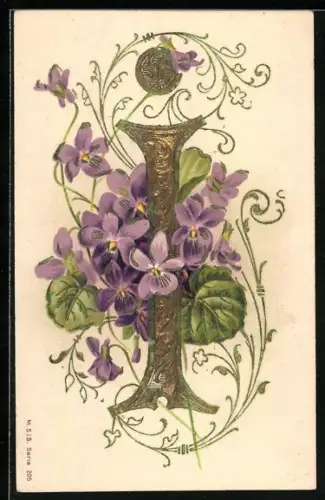 AK Buchstabe I reich geschmückt mit Blüten