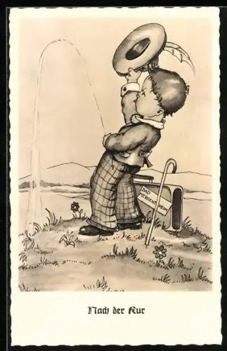 AK Kleiner Junge beim Wasserlassen nach der Kur, Badekultur