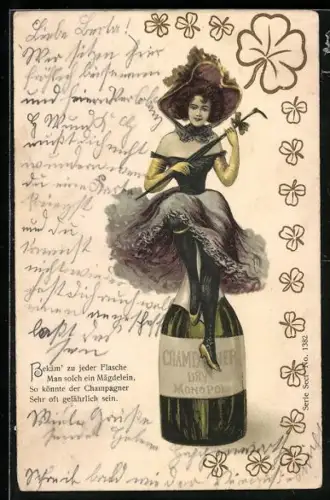 AK Frau mit grossen Hut auf einer Champagnerflasche, Wein