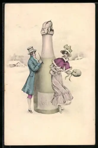 AK Elegant gekleideter Herr und Frau mit grosser Weinflasche