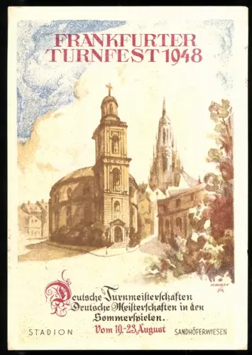 Künstler-AK Frankfurt a/M, Turnfest 1948, Stadion Sandhöferwiesen