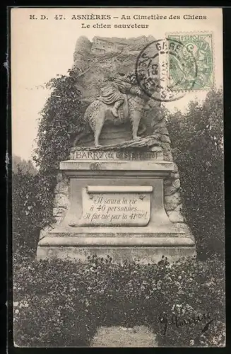 AK Asnières, Au Cimetière des Chiens, Le chien sauveteur
