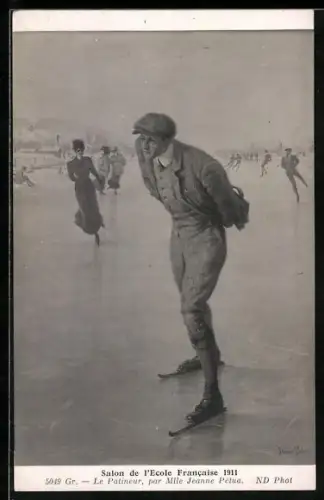 Künstler-AK Menschen auf Schlittschuhen auf einem See