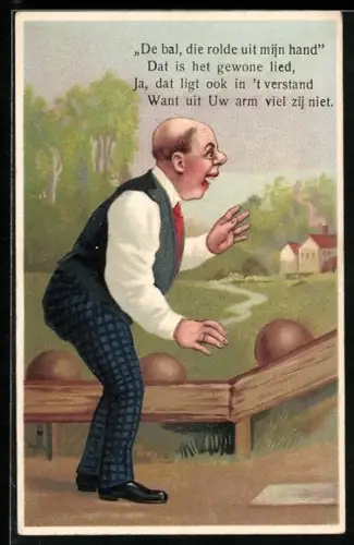 Künstler-AK Mann im Anzug bei einer Kegelbahn