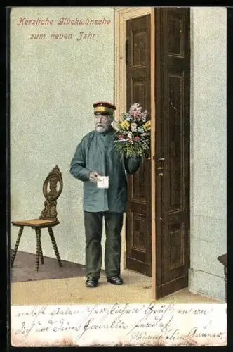 AK Bote mit einem Blumenstrauss an einer Tür