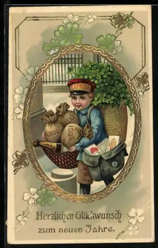 Künstler-AK Kleiner Express-Bote beladen mit Klee, Geldsäcken und Briefen