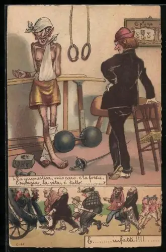 Künstler-AK Verletzter Turner mit Bandagen