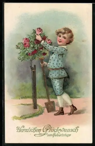 Künstler-AK Kleiner Gärtner bei einem Rosenstrauch