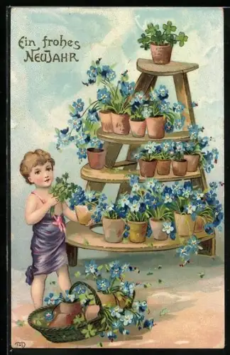 Künstler-AK Kleiner Gärtner mit Klee und Vergissmeinnicht