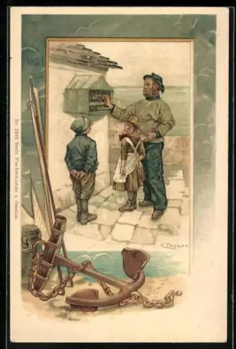 AK Matrose mit seinen Kindern an einem Vogelkäfig, Anker