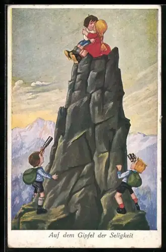 Künstler-AK Zwei Kinder sitzend auf einem Gipfel, Bergsteiger beobachten sie