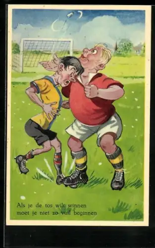 Künstler-AK Ein Fussballspieler tritt einem anderen auf den Fuss